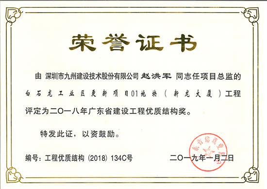 白石龙工业区更新项目01地块（新龙大厦）荣获2018年度广东省建设工程优质奖